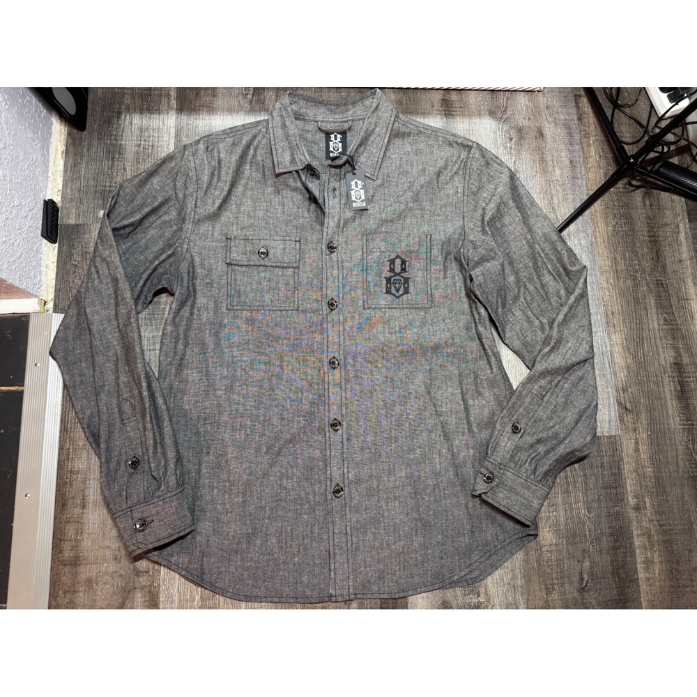 Rebel8 Mens ACAB Skull Graphic Button Down Shirt Gray Chambray Long Sleeve L NEW